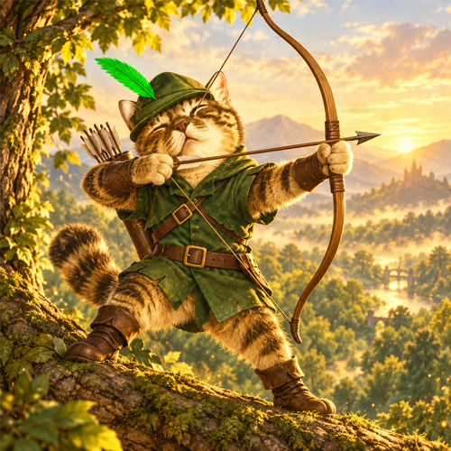 CateHood drawing a bow from a forest cliff at sunrise