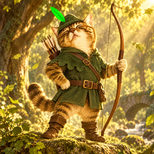 CateHood standing proudly in the sunlit forest with bow in hand
