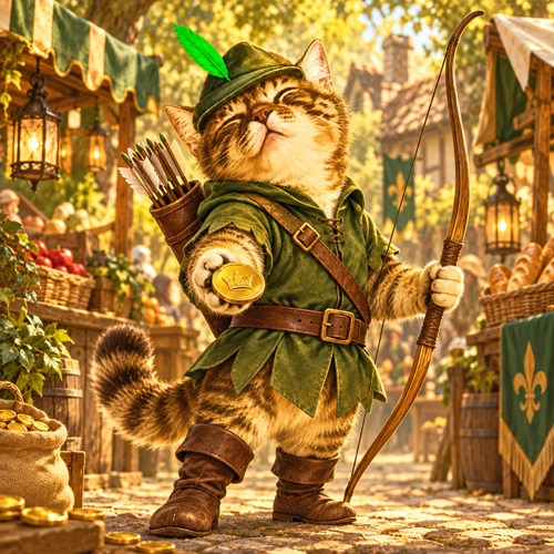CateHood offering a gold coin in a forest marketplace