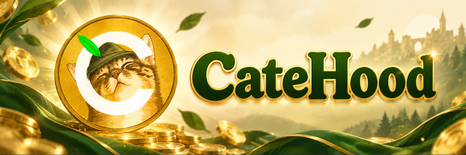 CateHood banner with gold coin, forest, and castle
